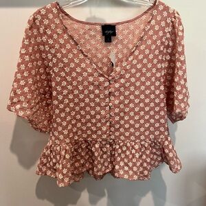 Daytrip Stylish Women's Floral Top - Pink With Cream Flower Accents Size Small